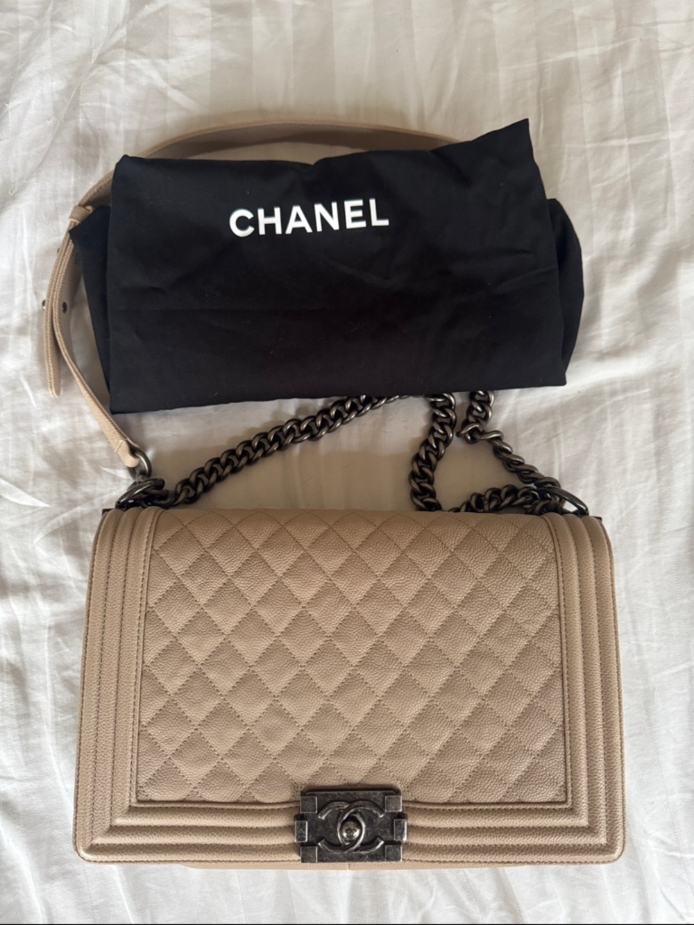 CHANEL 2019 Beige Quilted Boy Shoulder Bag with Dark Hardware